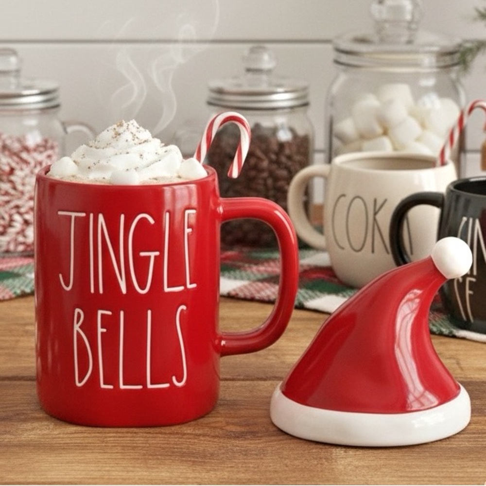 Rae Dunn Jingle Bells Red Mug with Santa Hat Lid NEW Holiday Christmas Cocoa - Picture 2 of 6